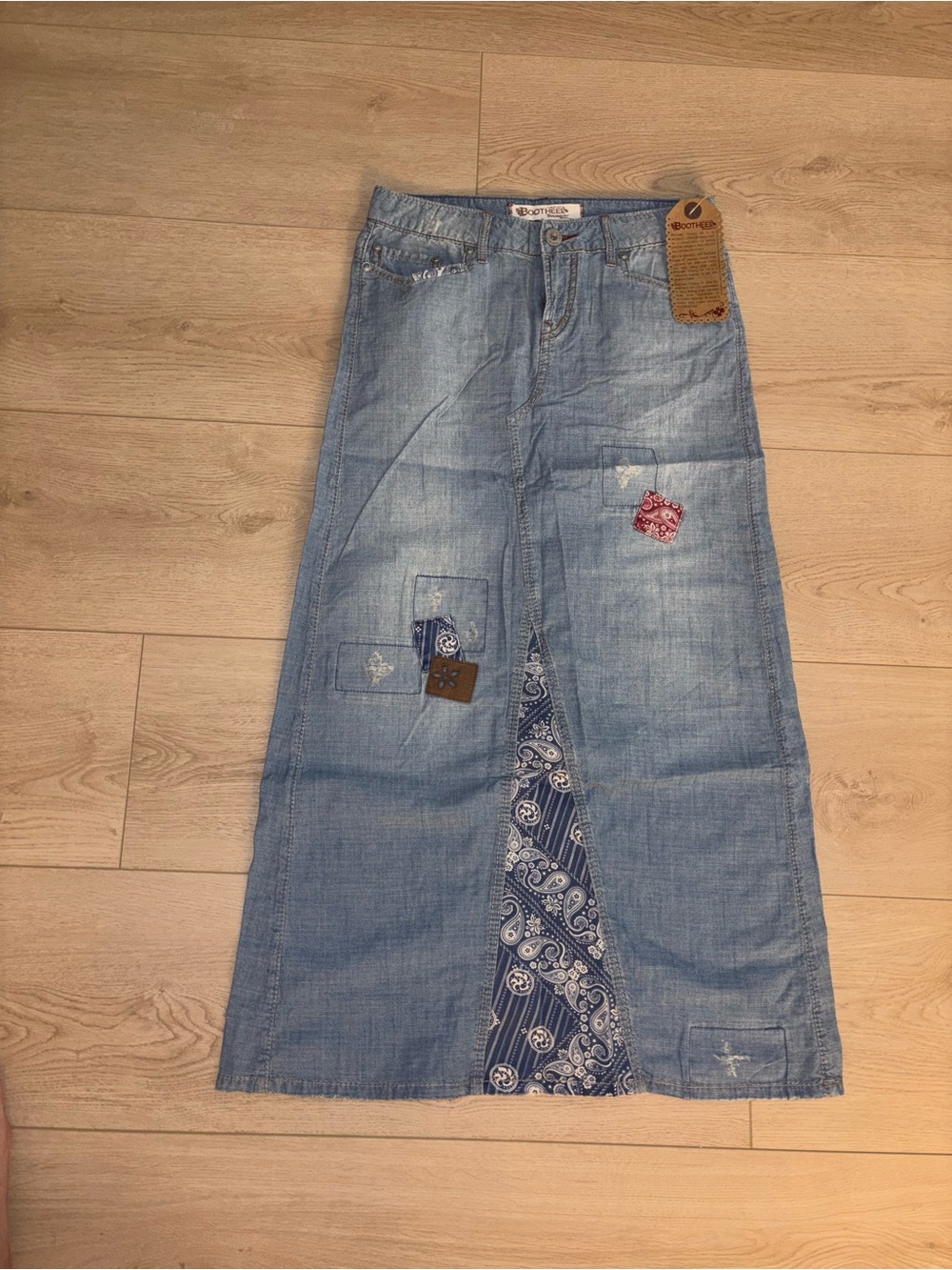 Light Blue Denim Maxi Skirt with Bandana Patchwork